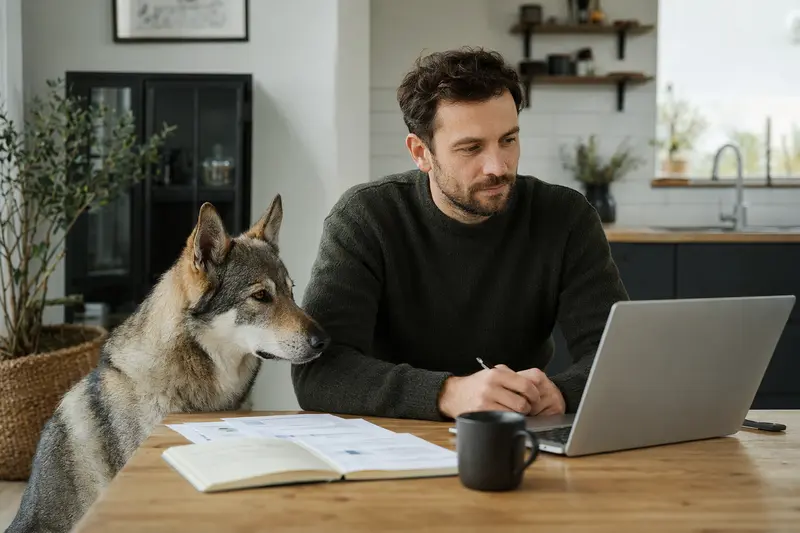 Ein Tschechoslowakischer Wolfshund sitzt ruhig neben seinem Besitzer am Küchentisch mit Versicherungsunterlagen und Laptop zur Tierkrankenversicherung.