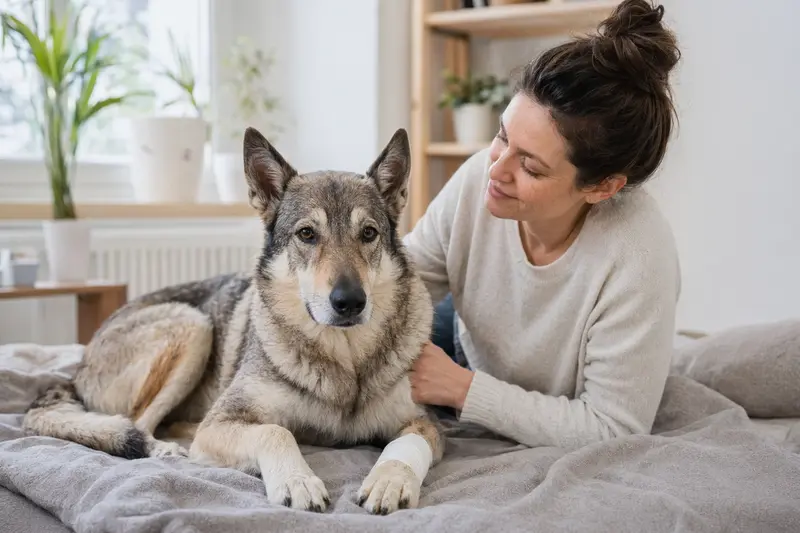 Tschechoslowakischer Wolfshund mit leicht verbundenem Pfötchen liegt ruhig auf einer Decke, während sein Besitzer erleichtert neben ihm sitzt.