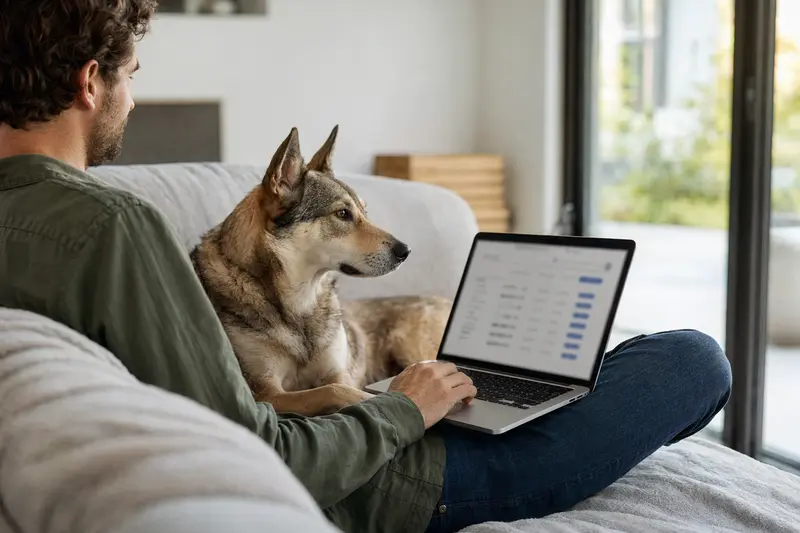 Ein Hund und sein Besitzer am Laptop, während sie sich über Tierversicherungen informieren.