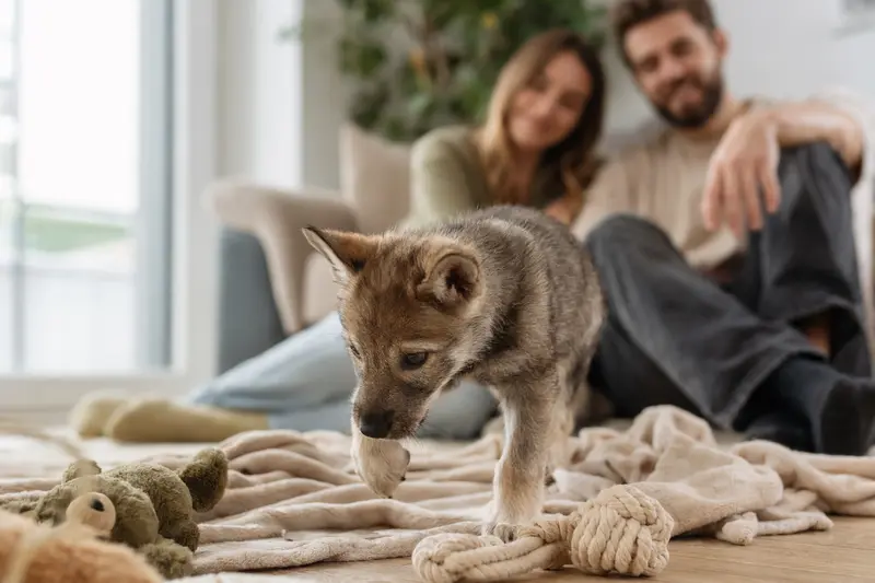 Ein junger Tschechoslowakischer Wolfshund-Welpe erkundet neugierig sein neues Zuhause mit weicher Decke und Spielzeug, während seine Familie im Hintergrund zu sehen ist.
