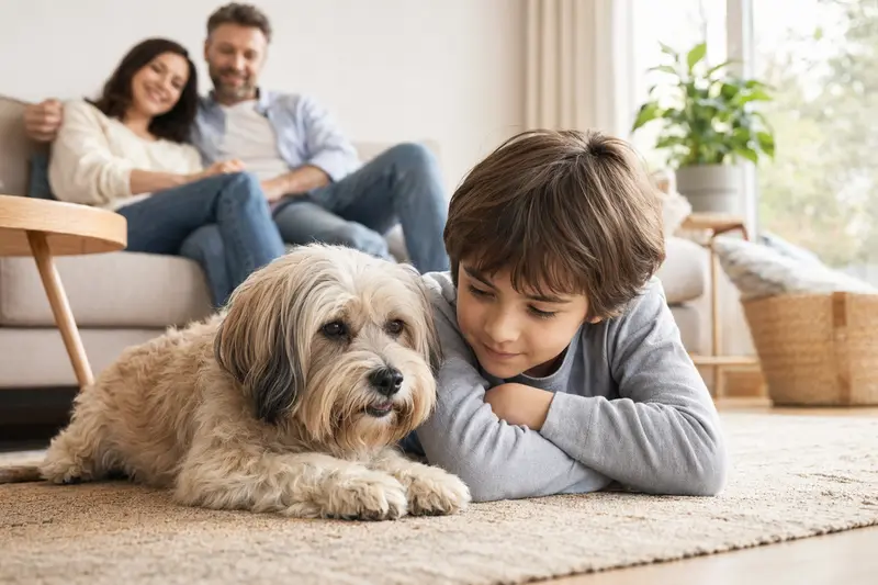 Ein freundlicher Tsvetnaya Bolonka Hund liegt entspannt neben einem Kind im Wohnzimmer, während die Eltern im Hintergrund eine sichere Familienatmosphäre schaffen.