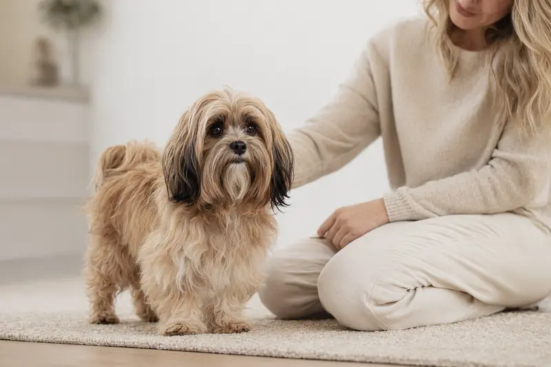 Ein Tsvetnaya Bolonka Hund steht aufmerksam in natürlicher Haltung vor hellem neutralem Hintergrund.