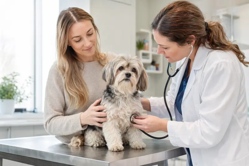 Eine Tierärztin untersucht einen ruhigen Tsvetnaya Bolonka Hund mit dem Stethoskop auf einem Behandlungstisch, während der Besitzer beruhigend danebensteht.