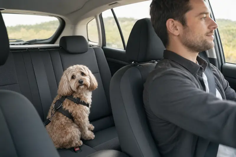 Ein Tsvetnaya-Bolonka-Hund sitzt sicher angeschnallt auf der Rückbank eines Autos, während der Besitzer ruhig fährt und Sonnenlicht durch das Fenster fällt.