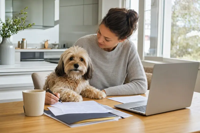 Ein Tsvetnaya Bolonka sitzt ruhig neben seinem Besitzer am Küchentisch mit Versicherungsunterlagen und Laptop, passend zum Thema Hundekrankenversicherung.