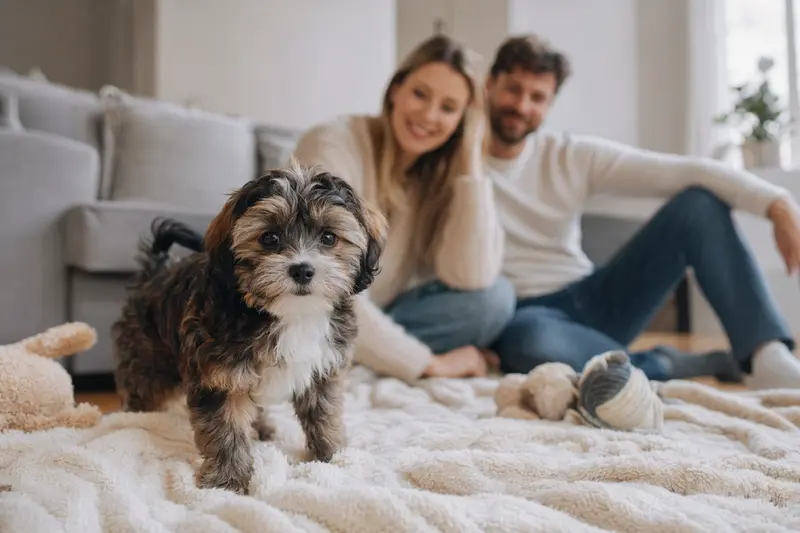 Ein junger Tsvetnaya Bolonka Welpe erkundet neugierig sein neues Zuhause mit weicher Decke und Spielzeug, während seine Familie im Hintergrund zu sehen ist.