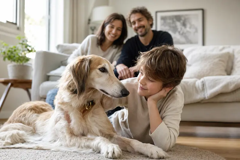 Ein freundlicher Tuareg-Windhund liegt entspannt neben einem Kind im hellen Wohnzimmer in einer sicheren Familienatmosphäre.