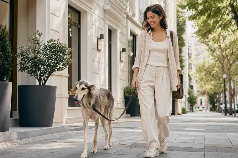Ein Tuareg-Windhund läuft entspannt an der Leine mit seinem Besitzer durch eine moderne Stadtstraße.