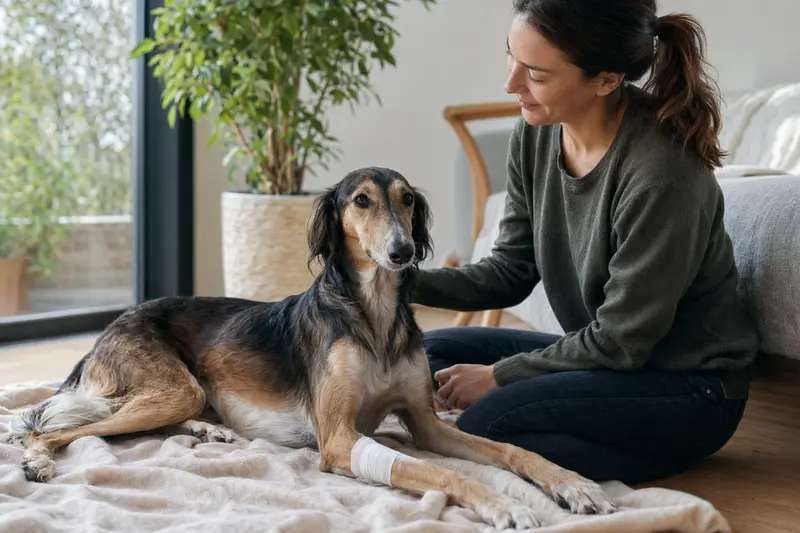 Ein Tuareg-Windhund mit leicht verbundenem Verband an der Pfote liegt ruhig auf einer Decke, während sein Besitzer erleichtert neben ihm sitzt.