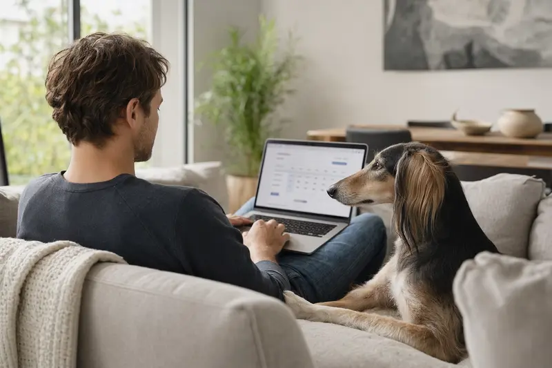 Ein Hundebesitzer sitzt mit einem Laptop auf dem Sofa, neben ihm ein Tuareg-Windhund, während er sich über Versicherungen informiert.