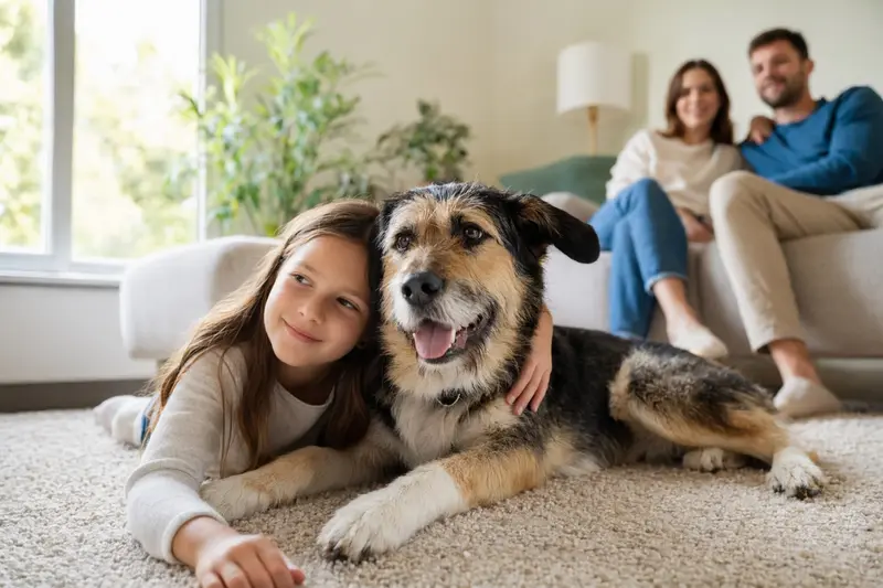Ein freundlicher Türkenhund liegt entspannt neben einem Kind im hellen Wohnzimmer einer Familie.
