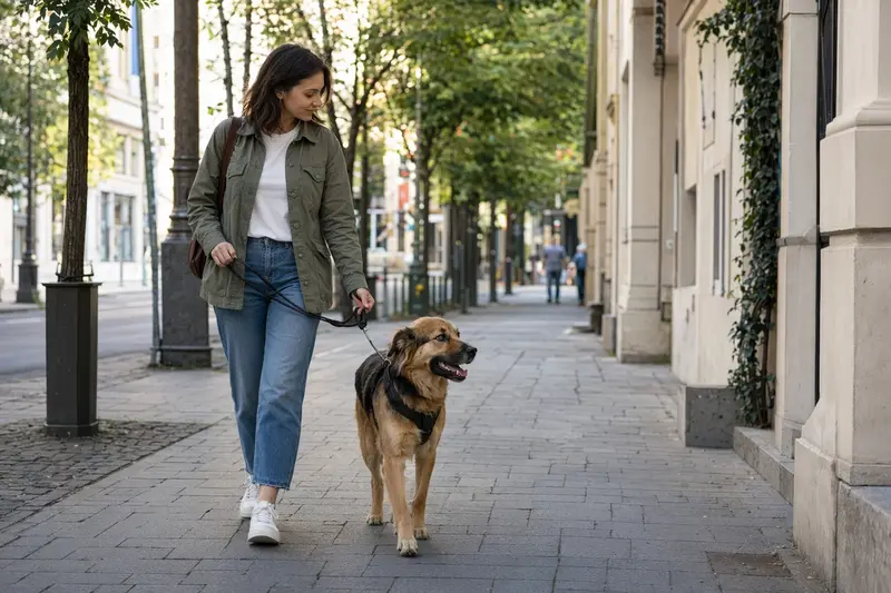 Ein Türkenhund läuft an der Leine mit seinem Besitzer durch eine freundliche moderne Stadtstraße.