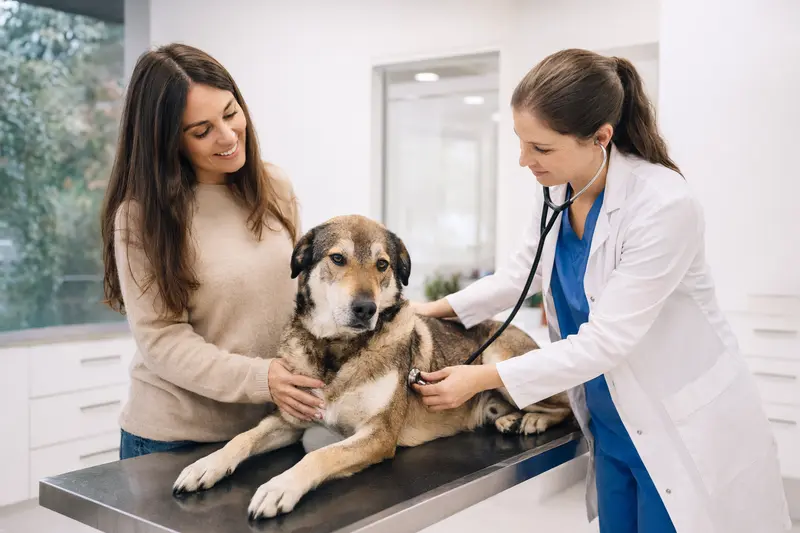 Ein ruhiger Hund wird von einer Tierärztin in einer modernen Tierarztpraxis mit dem Stethoskop untersucht, während der Besitzer beruhigend danebensteht.