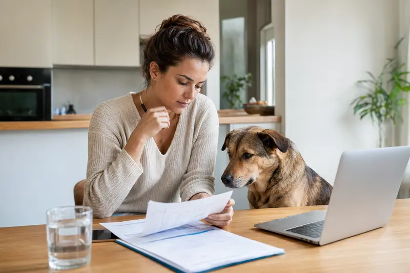Ein Türkenhund sitzt ruhig neben seinem Besitzer am Küchentisch, während Versicherungsunterlagen und ein Laptop mit einer Vergleichsseite für Hundekrankenversicherung vor ihm liegen.
