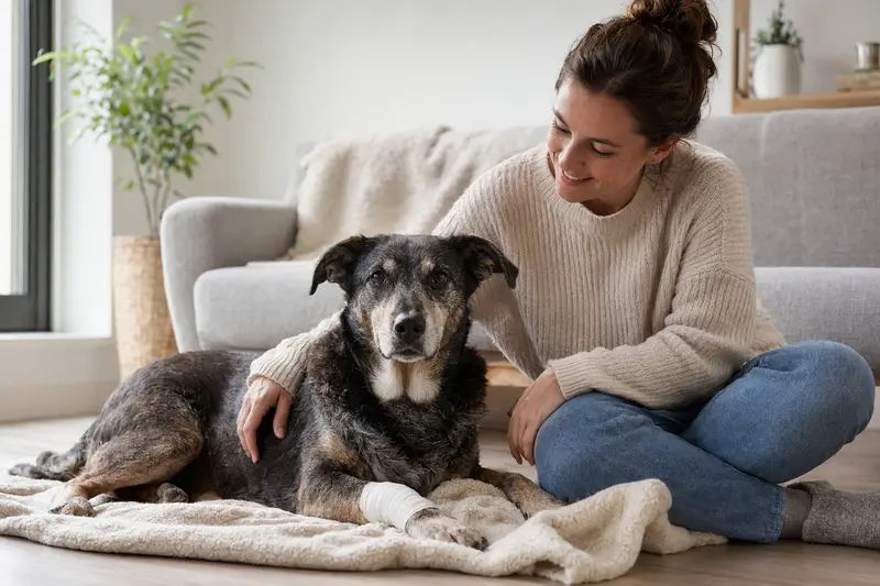 Ein Türkischer Hund mit leicht verbundenen Pfote liegt ruhig auf einer Decke, während sein Besitzer erleichtert neben ihm sitzt.