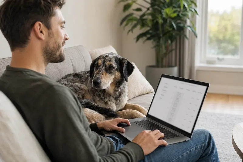 Ein Hundehalter arbeitet am Laptop im Wohnzimmer, während sein Türkenhund entspannt daneben sitzt und das Vertrauen in die Tierversicherung symbolisiert.