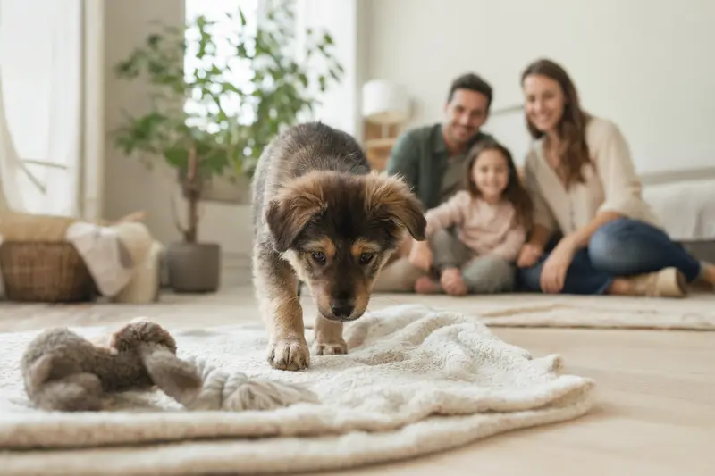 Ein junger Türkenhund-Welpe erkundet neugierig sein neues Zuhause auf einer weichen Decke mit Spielzeug im Vordergrund.