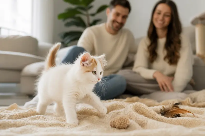 Ein neugieriges Türkisch Van Kätzchen entdeckt sein neues Zuhause, umgeben von einer liebevollen Familie und weichen Spielsachen.