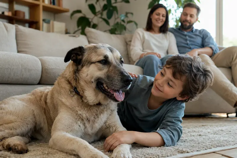 Ein Türkischer Hirtenhund liegt entspannt neben einem Kind im Wohnzimmer, während die Eltern im Hintergrund eine sichere Familienatmosphäre schaffen.