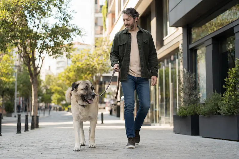 Ein Türkischer Hirtenhund läuft an der Leine mit seinem Besitzer durch eine moderne Stadtstraße.