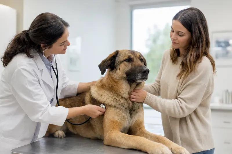 Eine Tierärztin untersucht einen ruhigen Türkischen Hirtenhund mit dem Stethoskop auf dem Behandlungstisch in einer hellen Tierarztpraxis, während der Besitzer beruhigend danebensteht.
