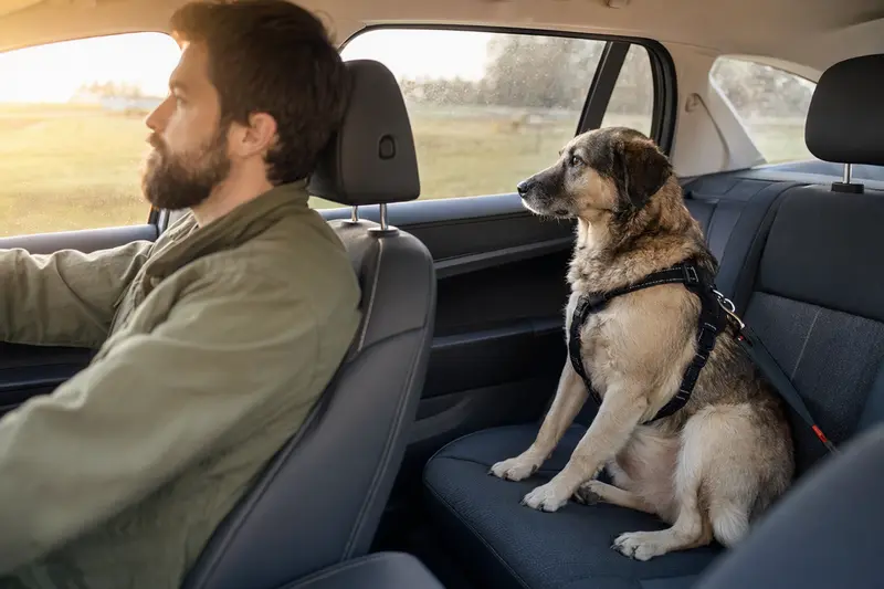 Ein Türkischer Hirtenhund sitzt sicher angeschnallt auf der Rückbank eines Autos, während der Besitzer ruhig fährt.