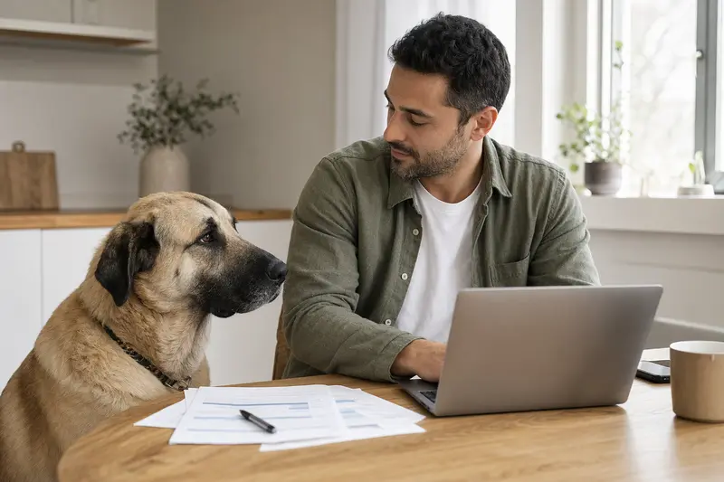 Ein Türkischer Hirtenhund sitzt ruhig neben seinem Besitzer am Küchentisch mit Versicherungsunterlagen und einem Laptop zur Hundekrankenversicherung.