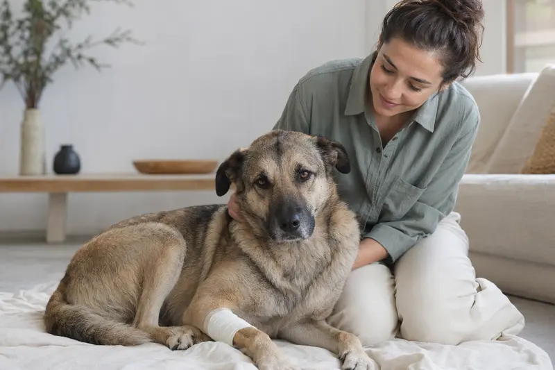 Ein Türkischer Hirtenhund liegt mit leicht bandagierter Pfote ruhig auf einer Decke, während sein Besitzer erleichtert neben ihm sitzt.