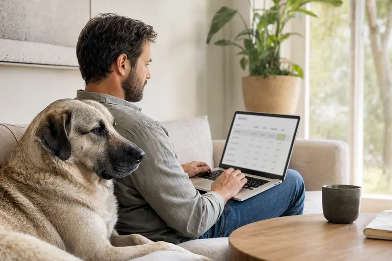 Besitzer mit Laptop auf Sofa, Türkischer Hirtenhund zur Seite, Versicherungsvergleichs-Oberfläche im Hintergrund.