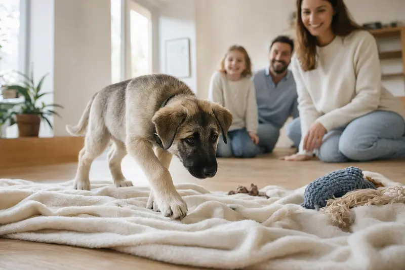 Ein junger Türkischer Hirtenhund-Welpe entdeckt neugierig sein neues Zuhause mit weicher Decke und Spielzeug in einer hellen Wohnung.