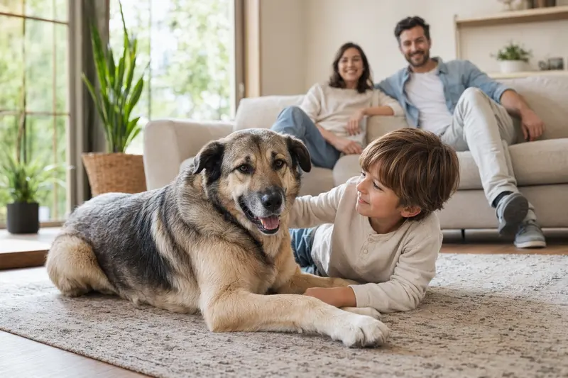 Ein Türkischer Hütehund liegt entspannt neben einem Kind im hellen Wohnzimmer einer Familie.