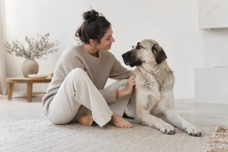 Türkischer Hütehund in aufmerksamer Haltung vor hellem Hintergrund als realistisches Tierportrait.