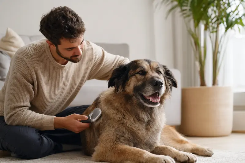 Ein Türkischer Hütehund wird in einer hellen Wohnung sanft gebürstet, während sein Besitzer liebevoll die Fellpflege übernimmt.