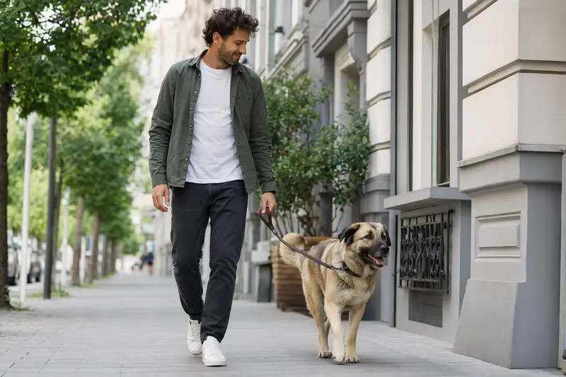 Ein Türkischer Hütehund läuft an der Leine neben seinem Besitzer durch eine moderne Stadtstraße.