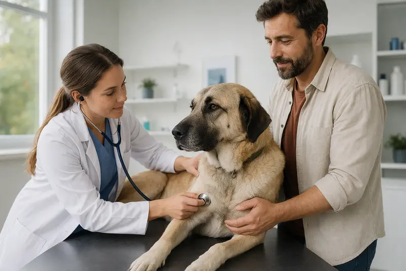 Eine Tierärztin untersucht einen ruhigen Türkischen Hütehund auf dem Untersuchungstisch mit dem Stethoskop in einer modernen Tierarztpraxis.