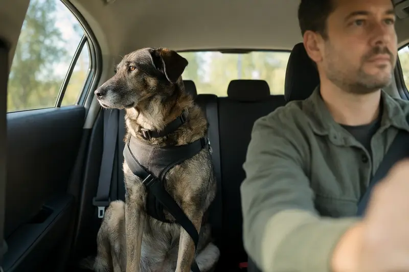 Ein Türkischer Hütehund sitzt sicher angeschnallt auf der Rückbank eines Autos, während der Besitzer ruhig fährt.