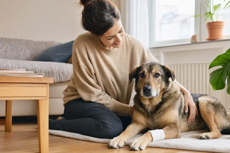 Ein Türkischer Hütehund mit leicht verbundenem Pfotenbereich liegt ruhig auf einer Decke neben seinem erleichterten Besitzer in einer hellen Wohnung.