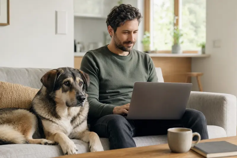 Ein Hundebesitzer sitzt mit einem Laptop auf dem Sofa, während ein Türkischer Hütehund neben ihm liegt und eine neutrale Versicherungsvergleichs-Oberfläche auf dem Bildschirm angezeigt wird.