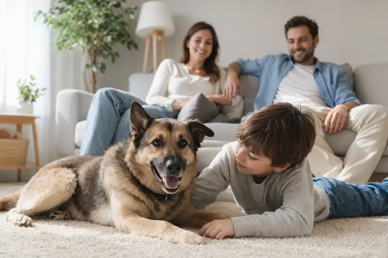 Ein freundlicher Türkischer Schäferhund liegt entspannt neben einem Kind im hellen Wohnzimmer, während die Eltern im Hintergrund eine sichere Familienatmosphäre schaffen.