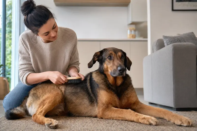 Ein Türkischer Schäferhund wird in einer hellen Wohnung sanft gebürstet, während der Besitzer liebevoll die Fellpflege übernimmt.