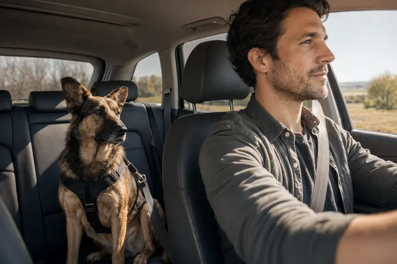 Ein Türkischer Schäferhund sitzt sicher angeschnallt auf der Rückbank eines Autos, während der Besitzer ruhig fährt.