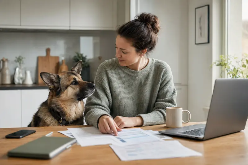 Ein Türkischer Schäferhund sitzt ruhig neben seinem Besitzer am Küchentisch mit Versicherungsunterlagen und einem Laptop mit neutraler Vergleichsseite.