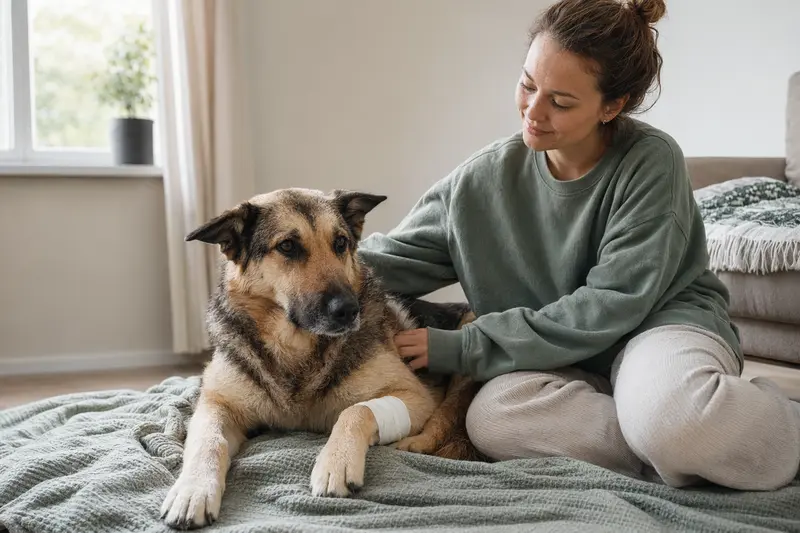 Ein Türkischer Schäferhund mit leicht bandagierter Pfote liegt ruhig auf einer Decke, während sein Besitzer erleichtert neben ihm sitzt.