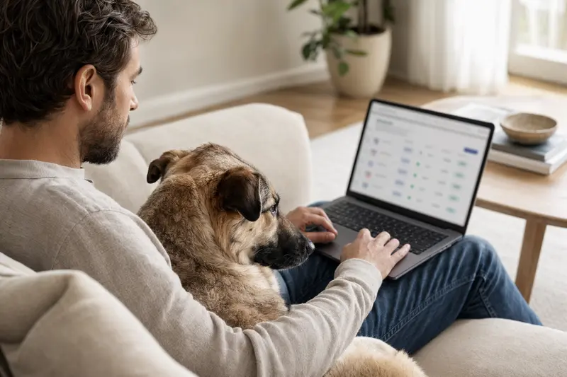 Ein Besitzer mit Laptop auf dem Sofa, neben ihm ein Türkischer Schäferhund, während er eine Versicherungsvergleichs-Oberfläche betrachtet.