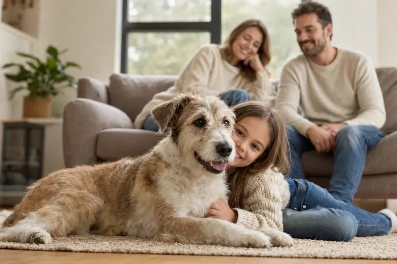 Ein entspannter Turco Andaluz Hund liegt freundlich neben einem Kind im hellen Wohnzimmer einer Familie.