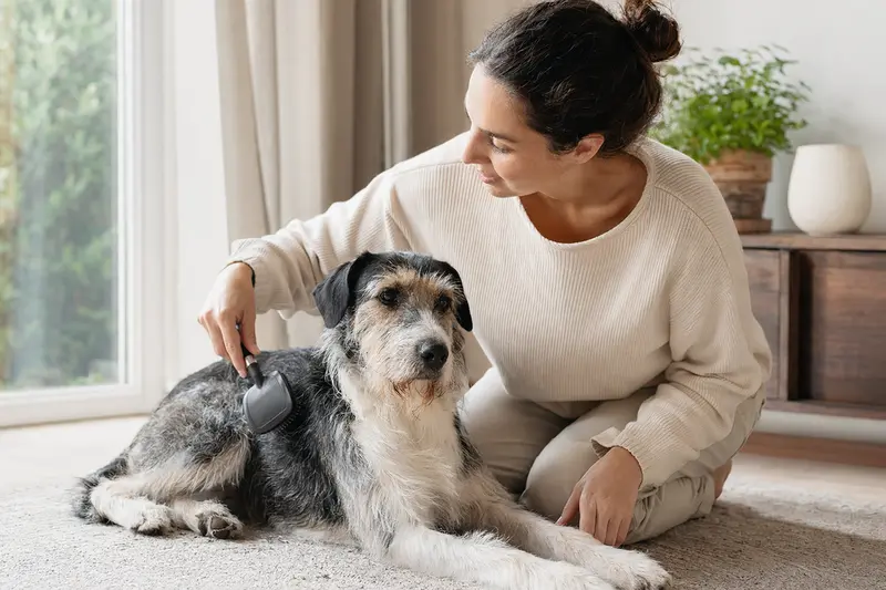 Ein Turco Andaluz Hund wird zuhause sanft gebürstet, während der Besitzer liebevoll die Fellpflege übernimmt.