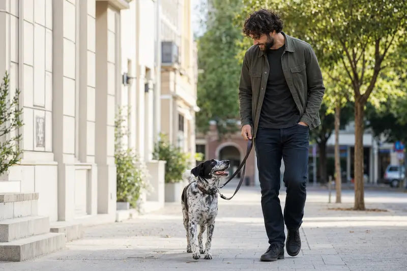Ein Turco Andaluz Hund läuft an der Leine mit seinem Besitzer durch eine moderne Stadtstraße in entspannter Alltagssituation.