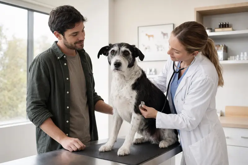 Eine Tierärztin untersucht einen ruhigen Hund auf dem Untersuchungstisch mit dem Stethoskop, während der Besitzer beruhigend danebensteht.