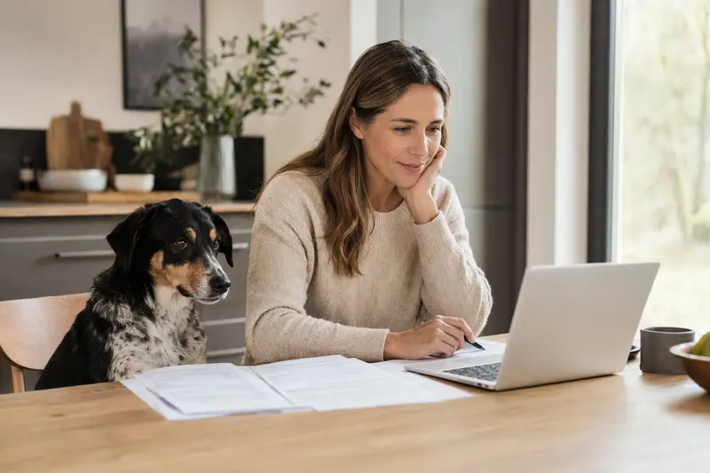 Ein Turco Andaluz Hund sitzt ruhig neben seinem Besitzer am Küchentisch mit Versicherungsunterlagen und Laptop zur Hundekrankenversicherung.