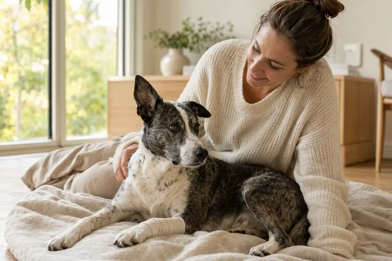 Ein Turco-Andaluz-Hund mit leicht verbundenem Pfötchen liegt ruhig auf einer Decke, während sein Besitzer neben ihm sitzt und erleichtert wirkt.